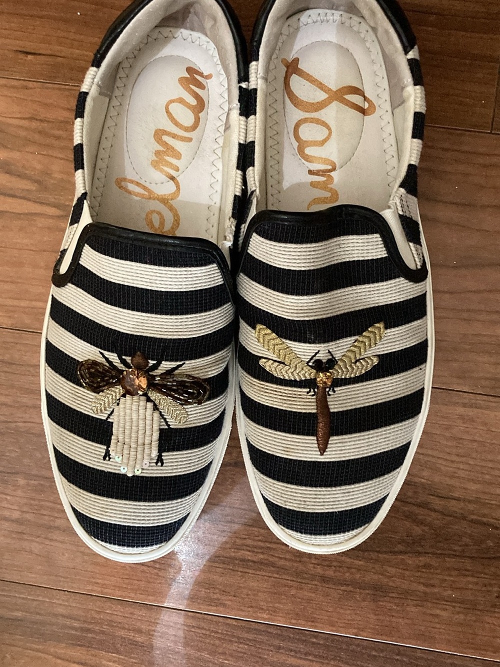 Sam Edelman Black and White Striped Slip-On Sneakers with Embellished Insects